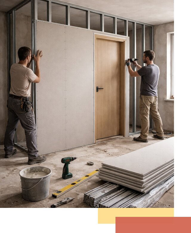 Перегородка из гипсокартона с дверью под ключ в Кемерово