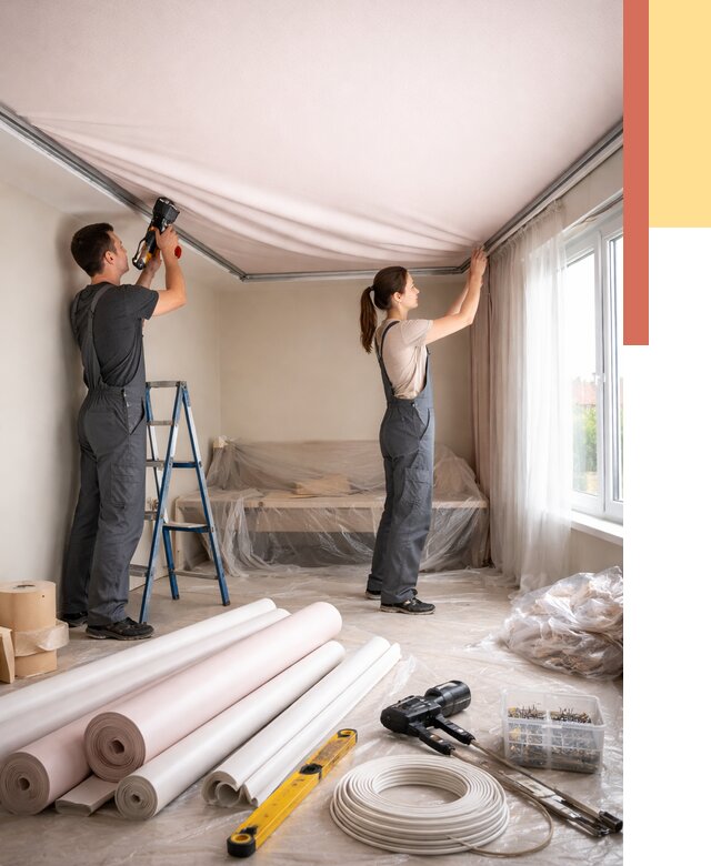 Монтаж цветного натяжного потолка в Кемерово от 4371 руб/м² — быстро и недорого | ОТДЕЛОЧНИК-Кмр