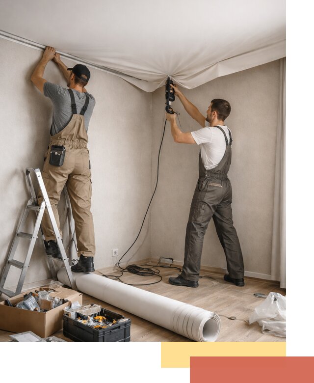 Монтаж цветного натяжного потолка в Кемерово за один день