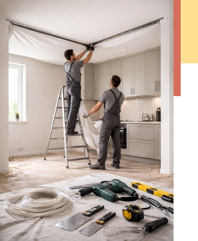 Установка натяжного потолка на кухне в Кемерово от 2497 руб. | ОТДЕЛОЧНИК-Кмр