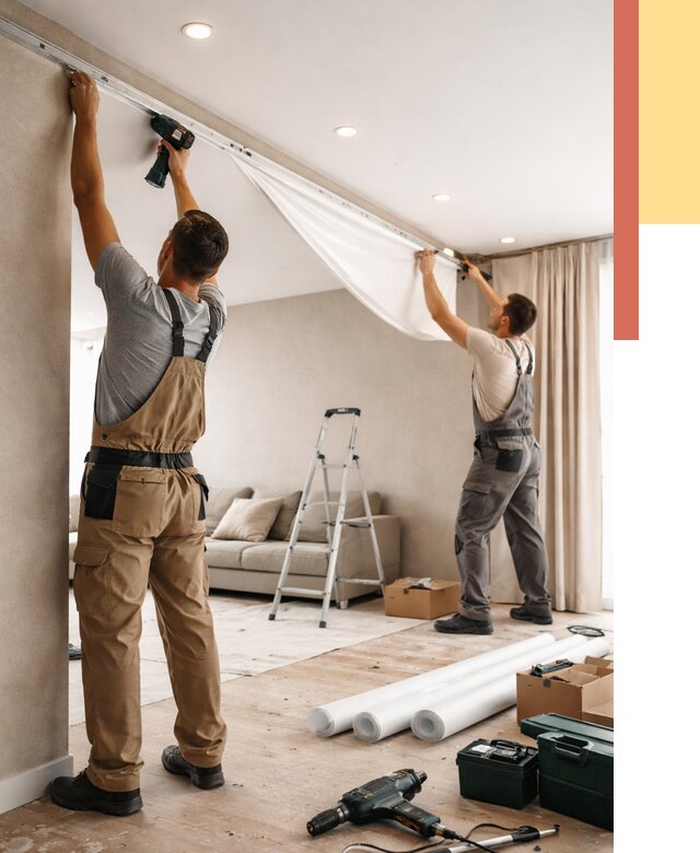 Монтаж натяжного потолка в гостиной в Кемерово от 572 руб. | ОТДЕЛОЧНИК-Кмр