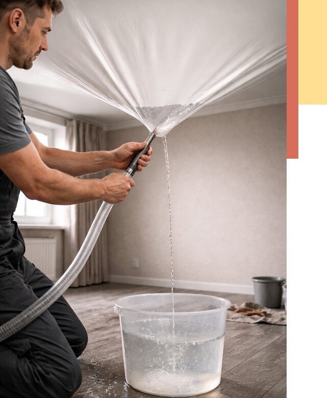 Слив воды с натяжного потолка в Кемерово от 2602 руб. быстро и недорого | ОТДЕЛОЧНИК-Кмр