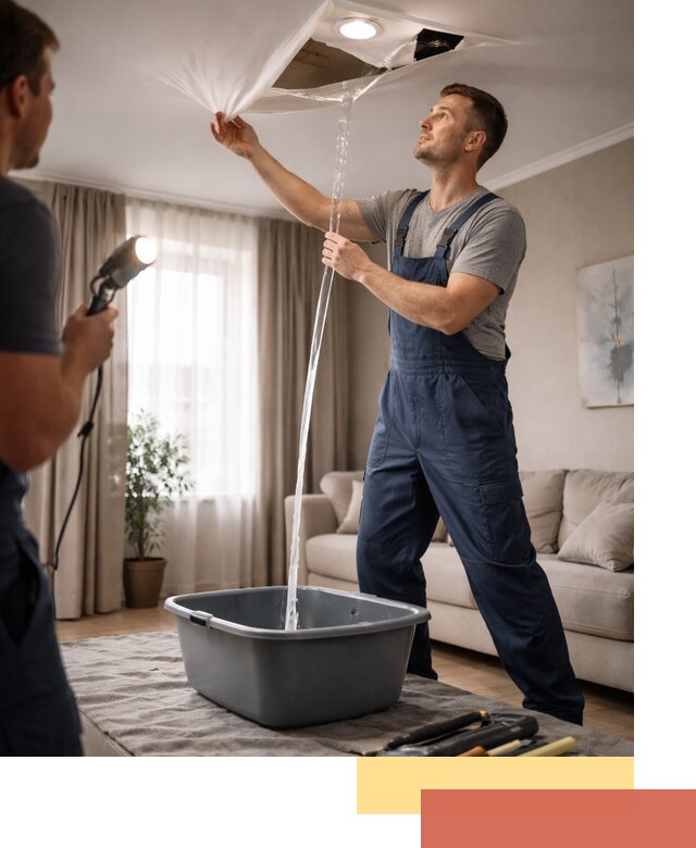 Слив воды с натяжного потолка в Кемерово быстро и аккуратно